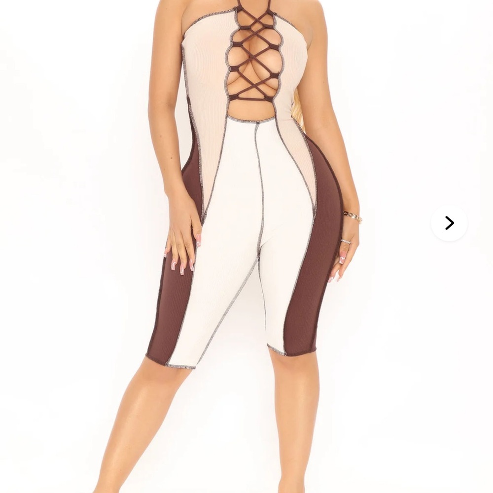 Fashion Nova Brown‎ and Cream Color Block Jumpsuit